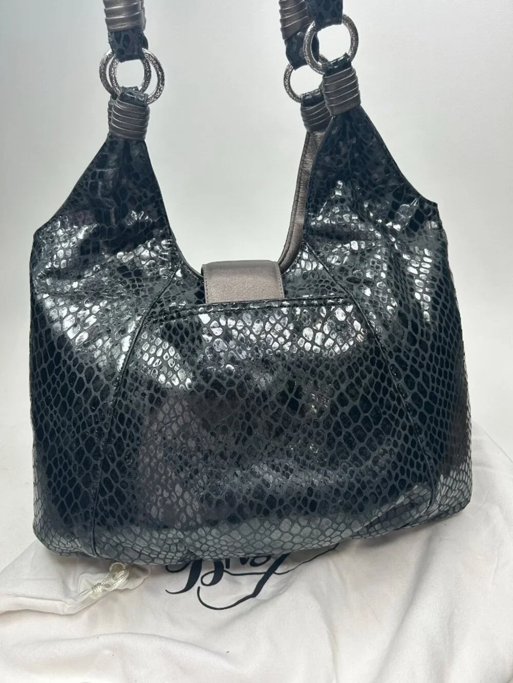 BRIGHTON Black Patent Snakeskin Embossed Leather Women's Hobo Shoulder Bag